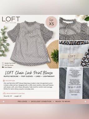 LOFT Women’s XS Geometric Chain Print Ruffle Puff Sleeve Blouse